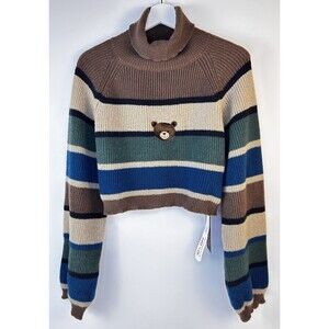 Romwe kawaii Striped Bear Sweater High Neck Bishop Sleeve Size Small NWT